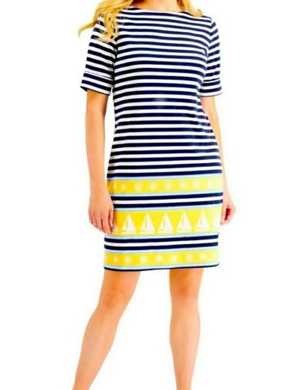 Karen Scott Striped t-shirt dress Sz XL Blue & Yellow Cotton Blend Nautical A2